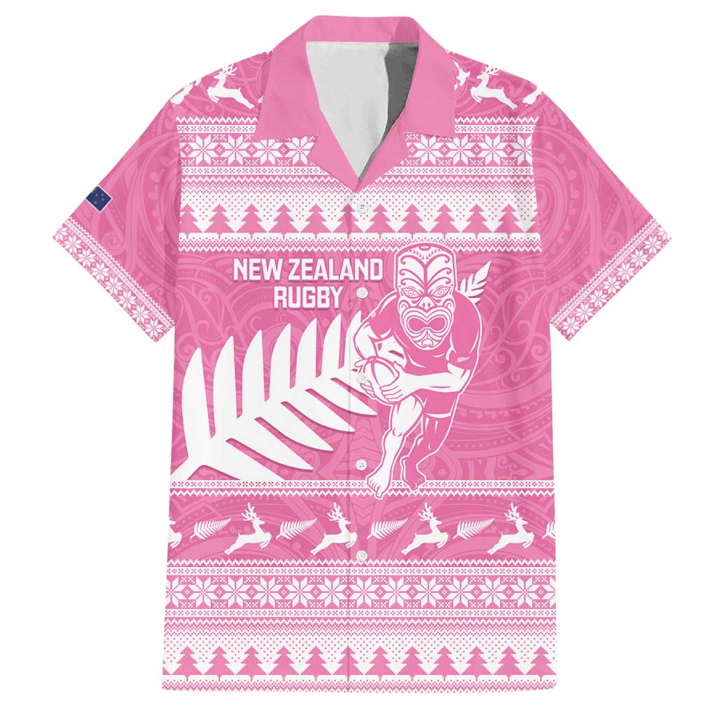 New Zealand Christmas Rugby Personalised Family Matching Off Shoulder Maxi Dress and Hawaiian Shirt Meri Kirihimete All Black Maori Pink Version LT14 Dad's Shirt - Short Sleeve Pink - Polynesian Pride