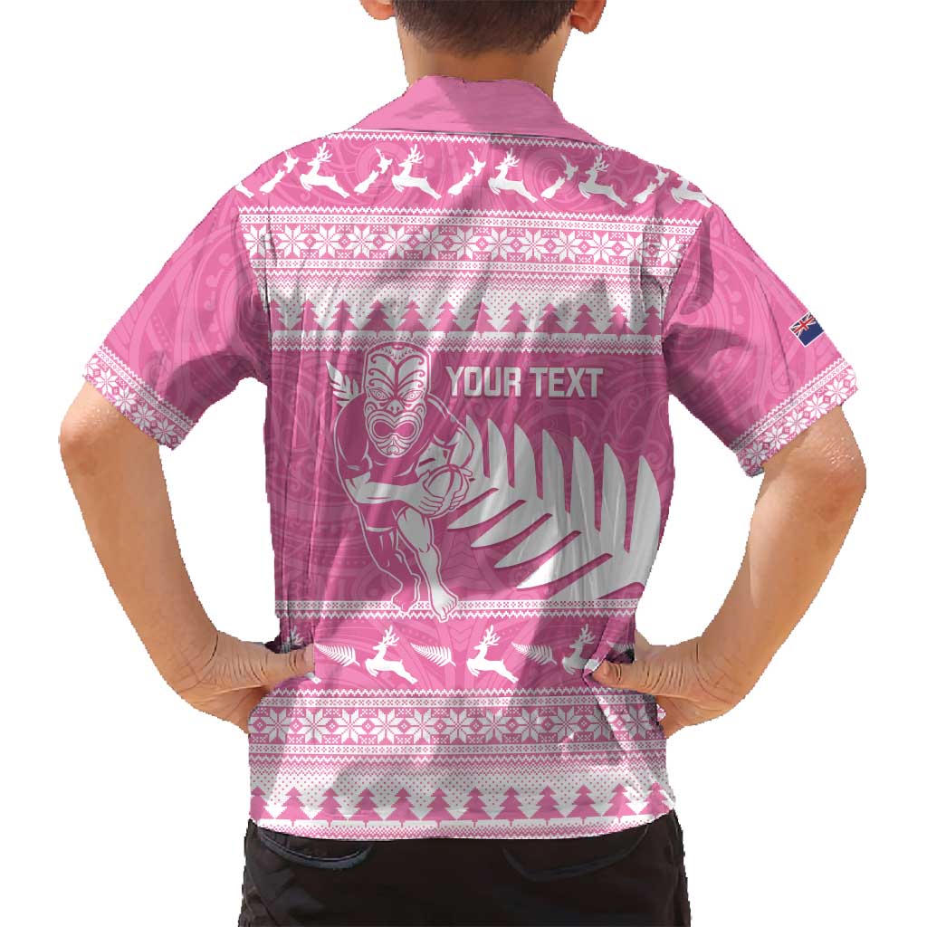 New Zealand Christmas Rugby Personalised Family Matching Off Shoulder Short Dress and Hawaiian Shirt Meri Kirihimete All Black Maori Pink Version LT14 - Polynesian Pride