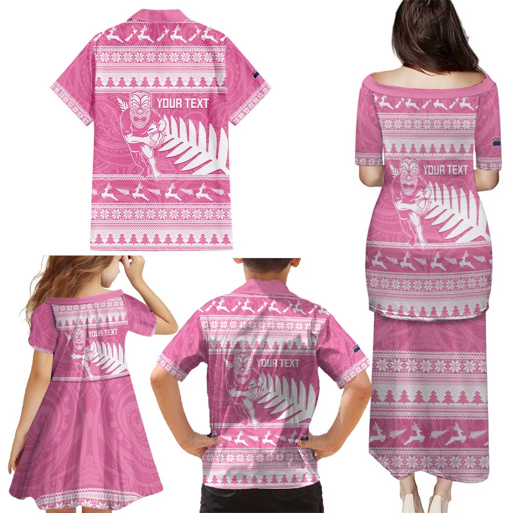 New Zealand Christmas Rugby Personalised Family Matching Puletasi and Hawaiian Shirt Meri Kirihimete All Black Maori Pink Version LT14 - Polynesian Pride