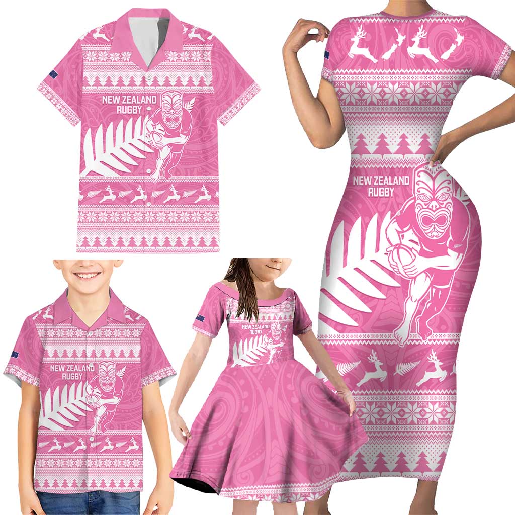 New Zealand Christmas Rugby Personalised Family Matching Short Sleeve Bodycon Dress and Hawaiian Shirt Meri Kirihimete All Black Maori Pink Version LT14 - Polynesian Pride