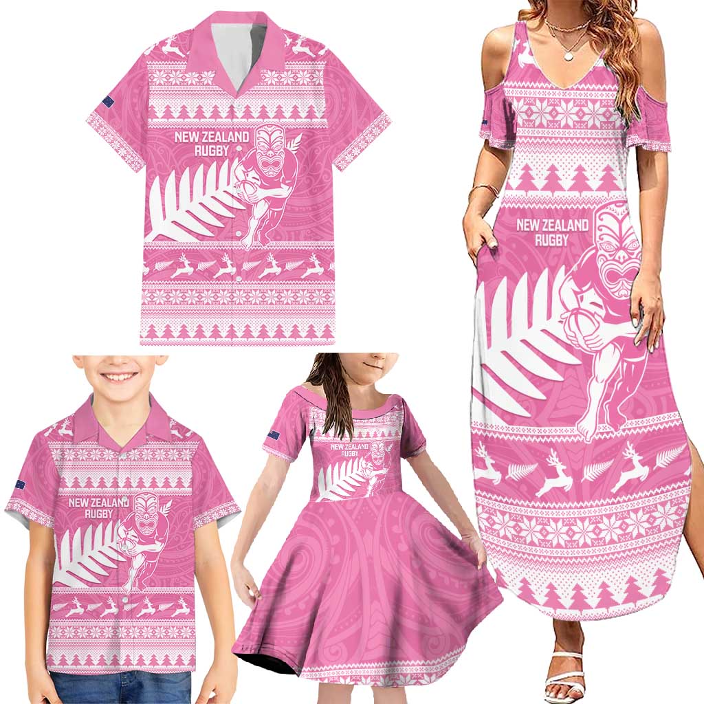 New Zealand Christmas Rugby Personalised Family Matching Summer Maxi Dress and Hawaiian Shirt Meri Kirihimete All Black Maori Pink Version LT14 - Polynesian Pride