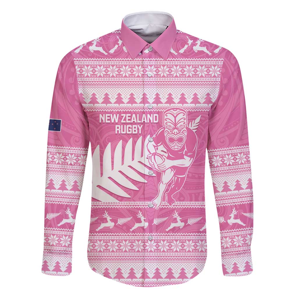 New Zealand Christmas Rugby Personalised Family Matching Summer Maxi Dress and Hawaiian Shirt Meri Kirihimete All Black Maori Pink Version LT14 Dad's Shirt - Long Sleeve Pink - Polynesian Pride