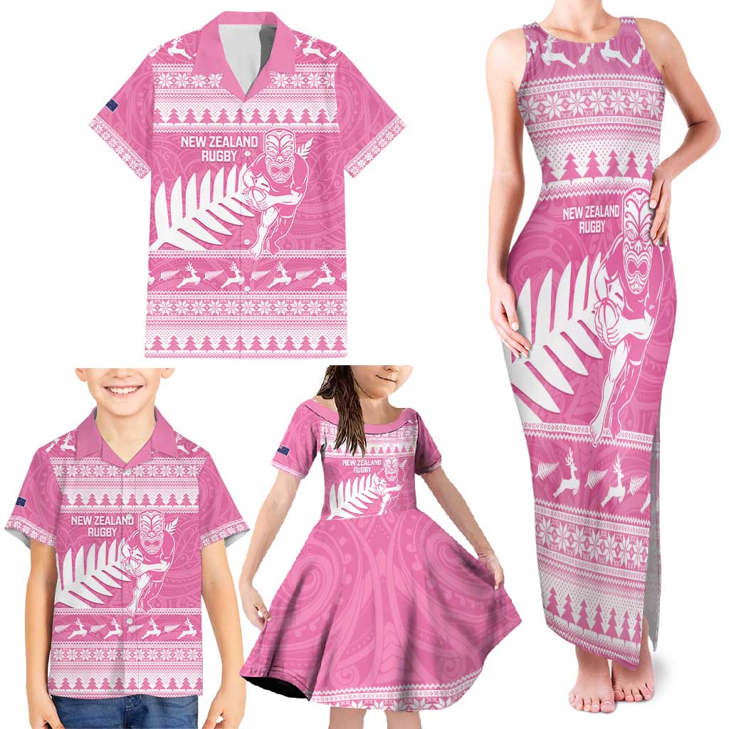 New Zealand Christmas Rugby Personalised Family Matching Tank Maxi Dress and Hawaiian Shirt Meri Kirihimete All Black Maori Pink Version LT14 - Polynesian Pride