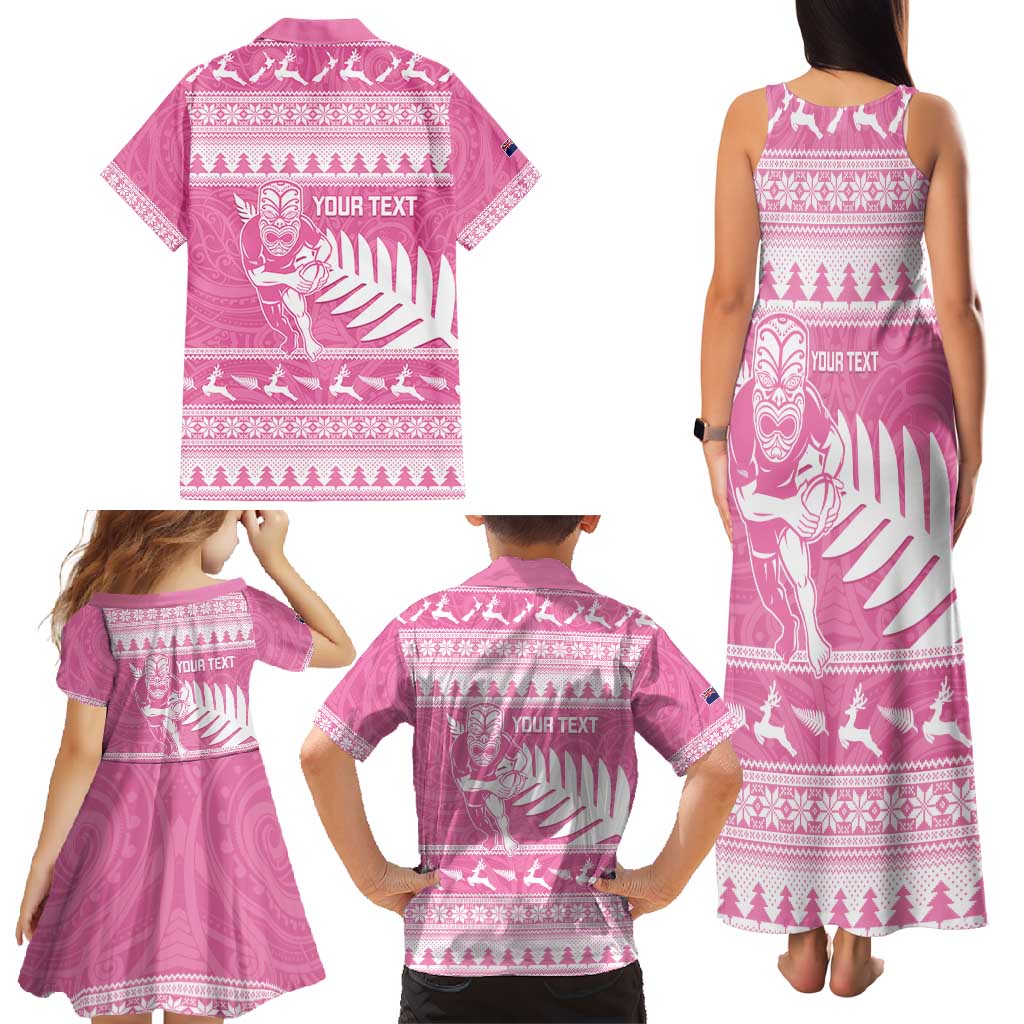 New Zealand Christmas Rugby Personalised Family Matching Tank Maxi Dress and Hawaiian Shirt Meri Kirihimete All Black Maori Pink Version LT14 - Polynesian Pride