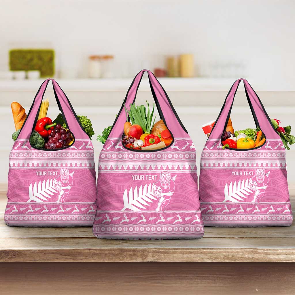 New Zealand Christmas Rugby Personalised Grocery Bag Meri Kirihimete All Black Maori Pink Version LT14 3-pack One Size Pink - Polynesian Pride