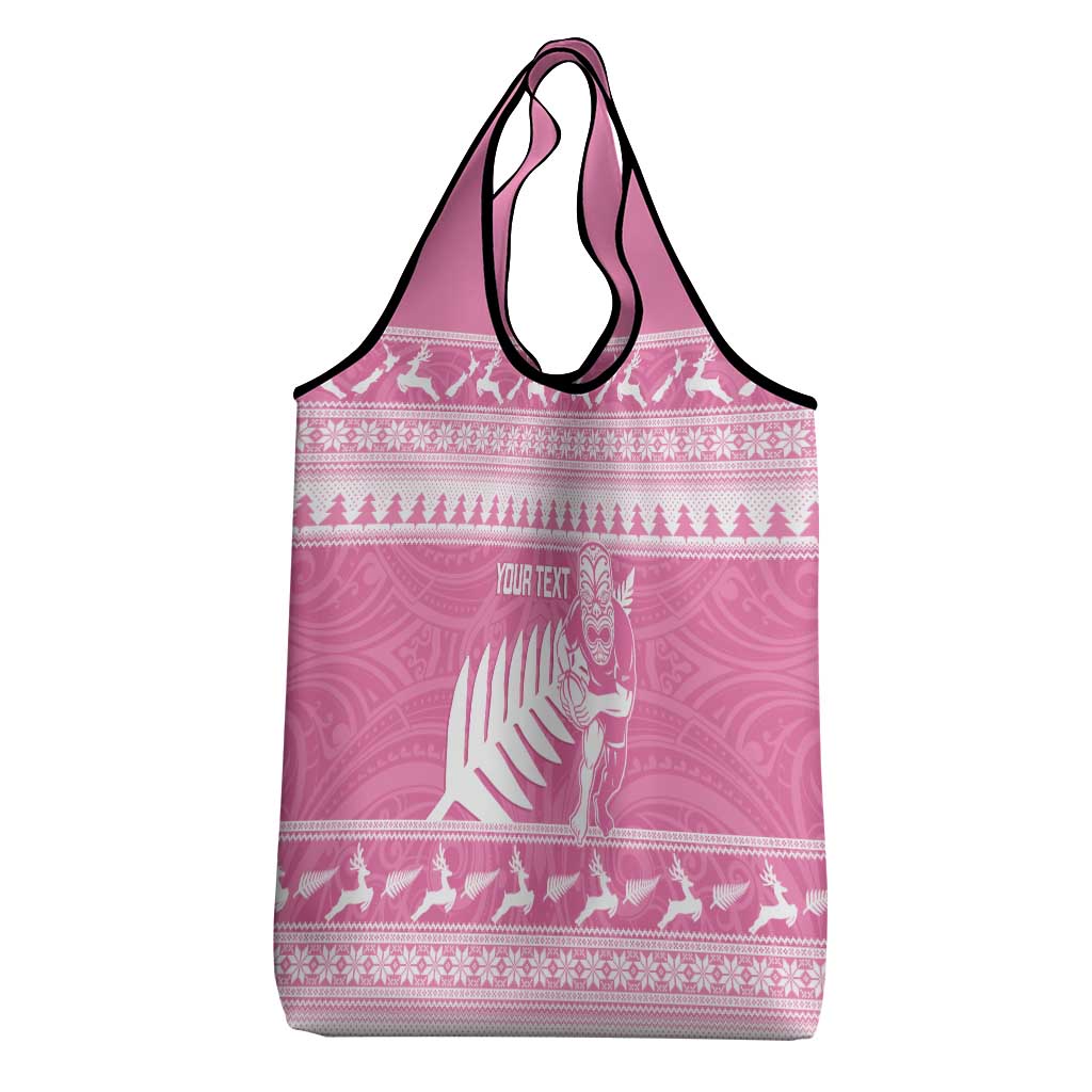 New Zealand Christmas Rugby Personalised Grocery Bag Meri Kirihimete All Black Maori Pink Version LT14 - Polynesian Pride