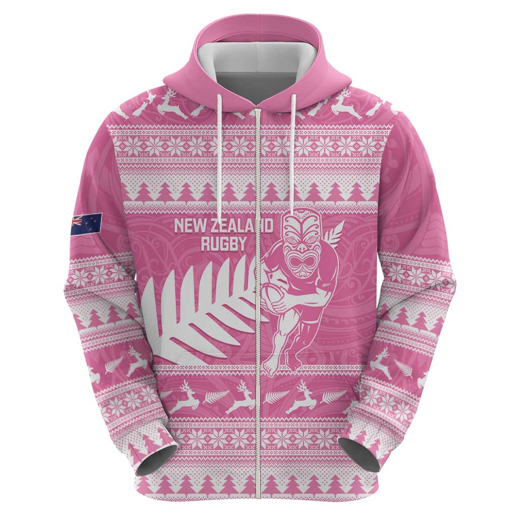 New Zealand Christmas Rugby Personalised Hoodie Meri Kirihimete All Black Maori Pink Version LT14 - Polynesian Pride