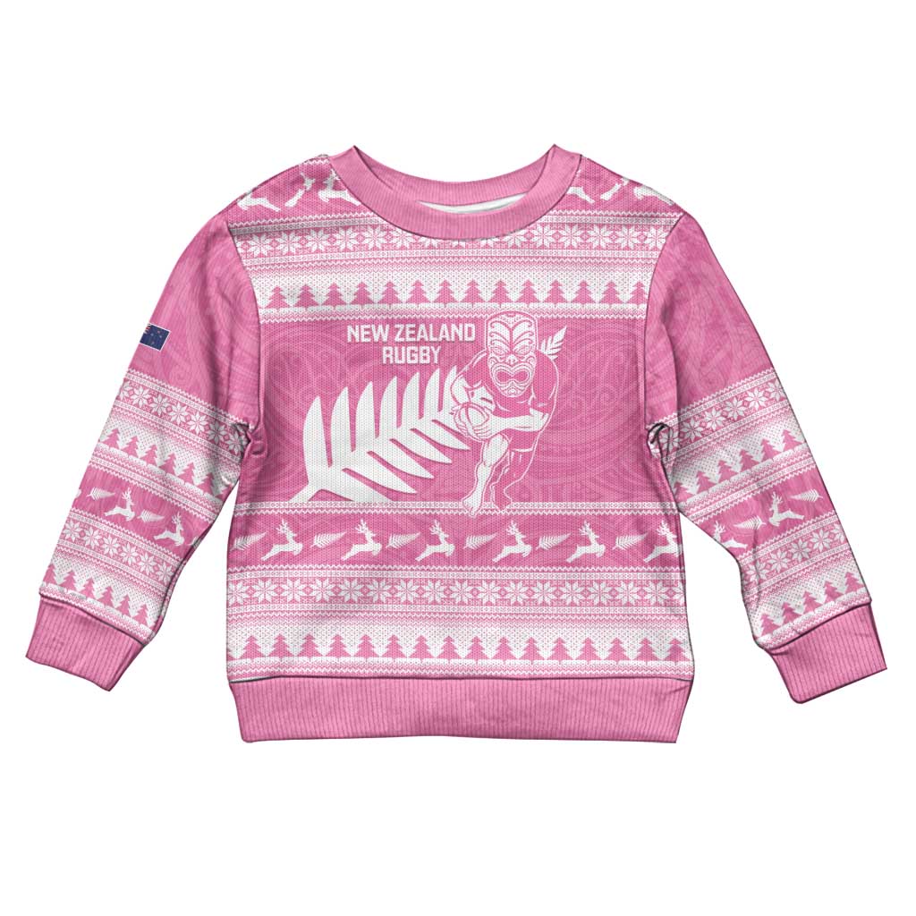 New Zealand Christmas Rugby Personalised Kid Ugly Christmas Sweater Meri Kirihimete All Black Maori Pink Version LT14 Kid Pink - Polynesian Pride