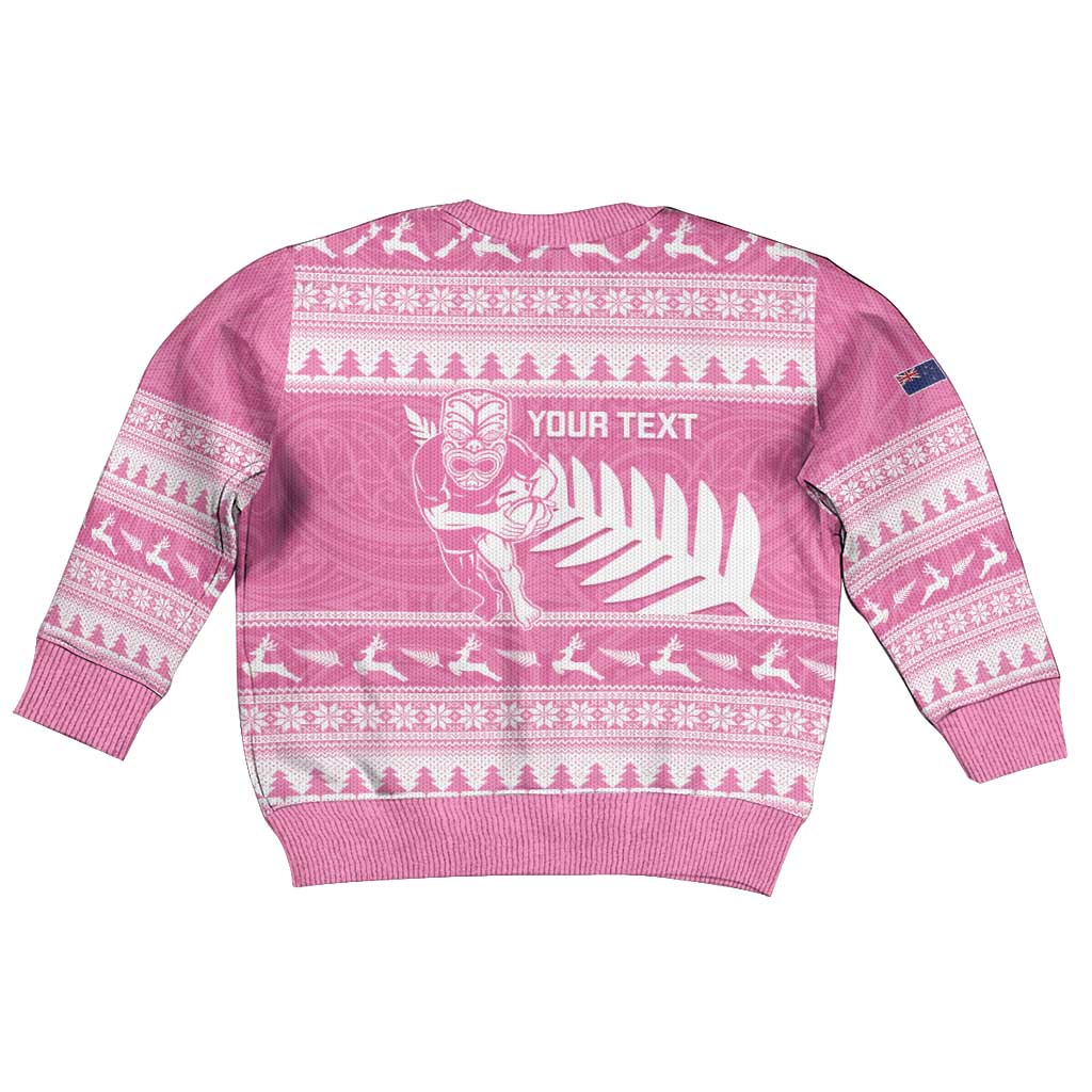 New Zealand Christmas Rugby Personalised Kid Ugly Christmas Sweater Meri Kirihimete All Black Maori Pink Version LT14 - Polynesian Pride