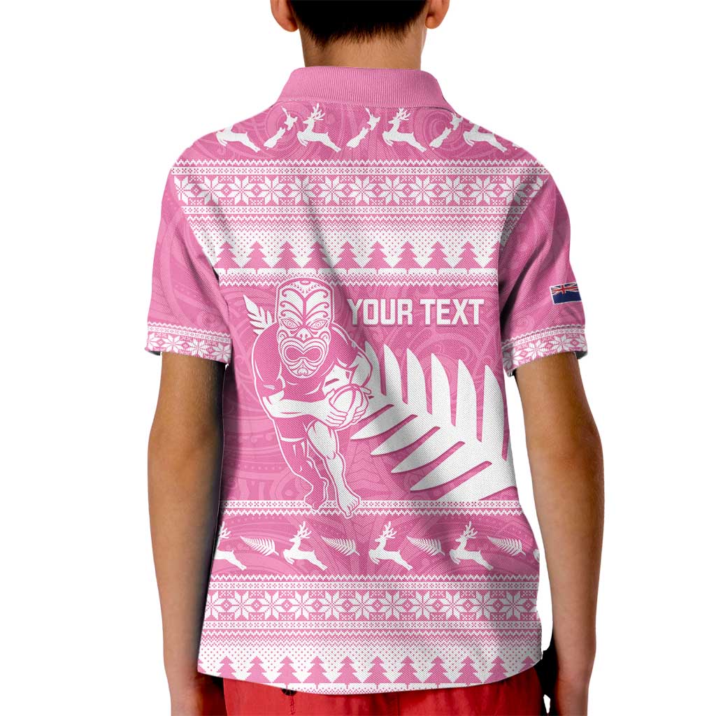 New Zealand Christmas Rugby Personalised Kid Polo Shirt Meri Kirihimete All Black Maori Pink Version LT14 - Polynesian Pride