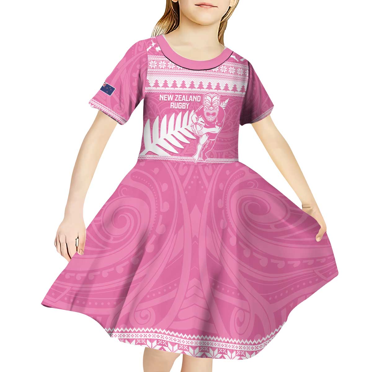 New Zealand Christmas Rugby Personalised Kid Short Sleeve Dress Meri Kirihimete All Black Maori Pink Version LT14 - Polynesian Pride