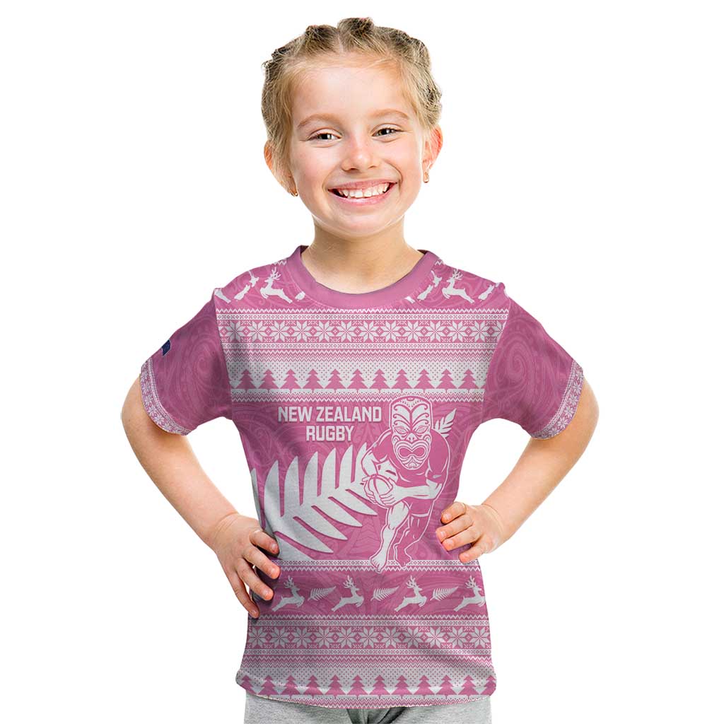 New Zealand Christmas Rugby Personalised Kid T Shirt Meri Kirihimete All Black Maori Pink Version - Polynesian Pride
