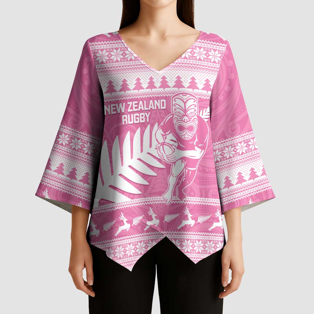 New Zealand Christmas Rugby Personalised Kimono Sleeve Blouse Meri Kirihimete All Black Maori Pink Version LT14 - Polynesian Pride