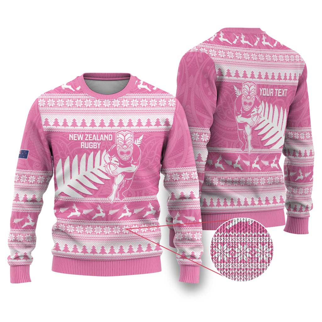 New Zealand Christmas Rugby Personalised Ugly Christmas Sweater Meri Kirihimete All Black Maori Pink Version LT14 Pink - Polynesian Pride