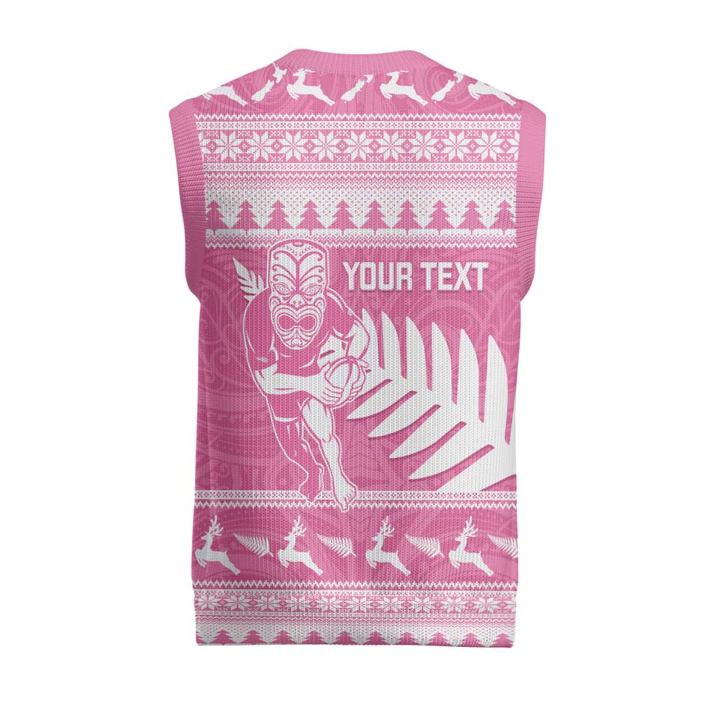 New Zealand Christmas Rugby Personalised Christmas Knitted V-Neck Vest Meri Kirihimete All Black Maori Pink Version LT14 - Polynesian Pride