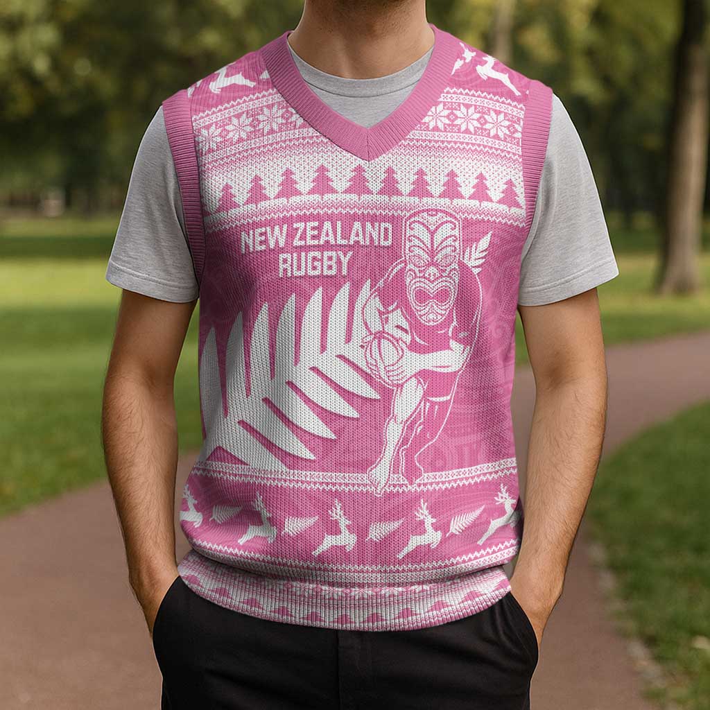 New Zealand Christmas Rugby Personalised Christmas Knitted V-Neck Vest Meri Kirihimete All Black Maori Pink Version LT14 - Polynesian Pride