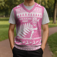 New Zealand Christmas Rugby Personalised Christmas Knitted V-Neck Vest Meri Kirihimete All Black Maori Pink Version LT14 - Polynesian Pride