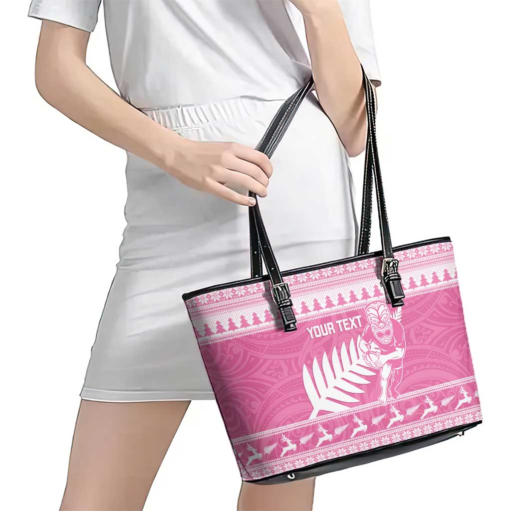 New Zealand Christmas Rugby Personalised Leather Tote Bag Meri Kirihimete All Black Maori Pink Version LT14 - Polynesian Pride