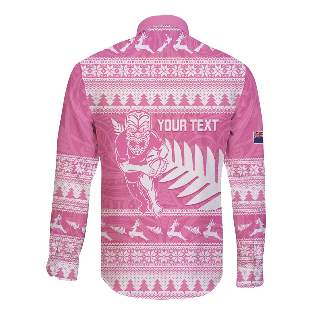 New Zealand Christmas Rugby Personalised Long Sleeve Button Shirt Meri Kirihimete All Black Maori Pink Version LT14 - Polynesian Pride