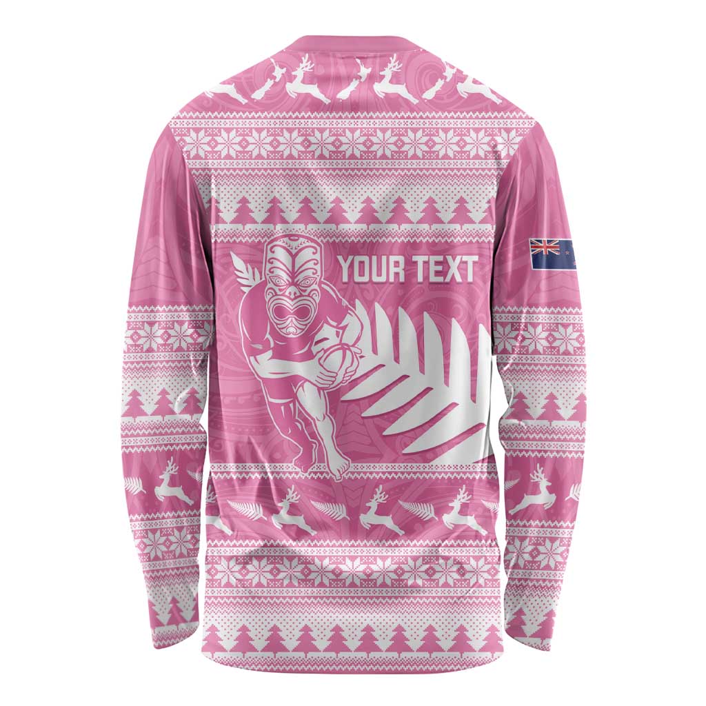 New Zealand Christmas Rugby Personalised Long Sleeve Shirt Meri Kirihimete All Black Maori Pink Version LT14 - Polynesian Pride