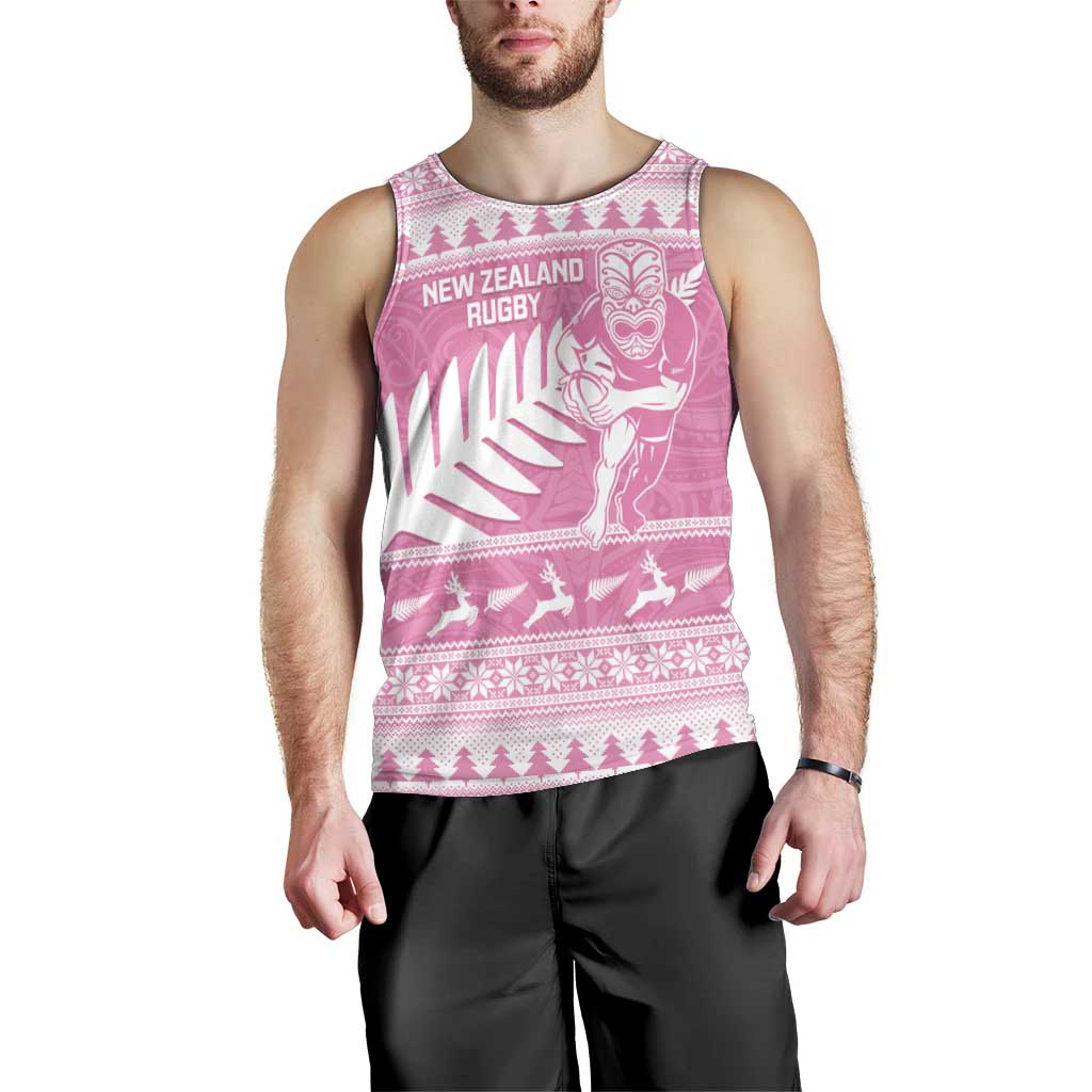 New Zealand Christmas Rugby Personalised Men Tank Top Meri Kirihimete All Black Maori Pink Version LT14 - Polynesian Pride
