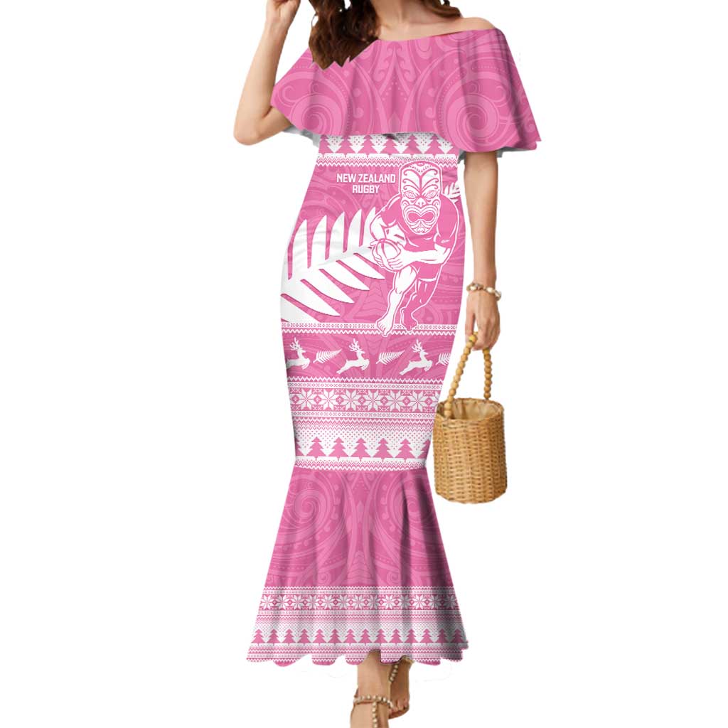 New Zealand Christmas Rugby Personalised Mermaid Dress Meri Kirihimete All Black Maori Pink Version LT14 Women Pink - Polynesian Pride