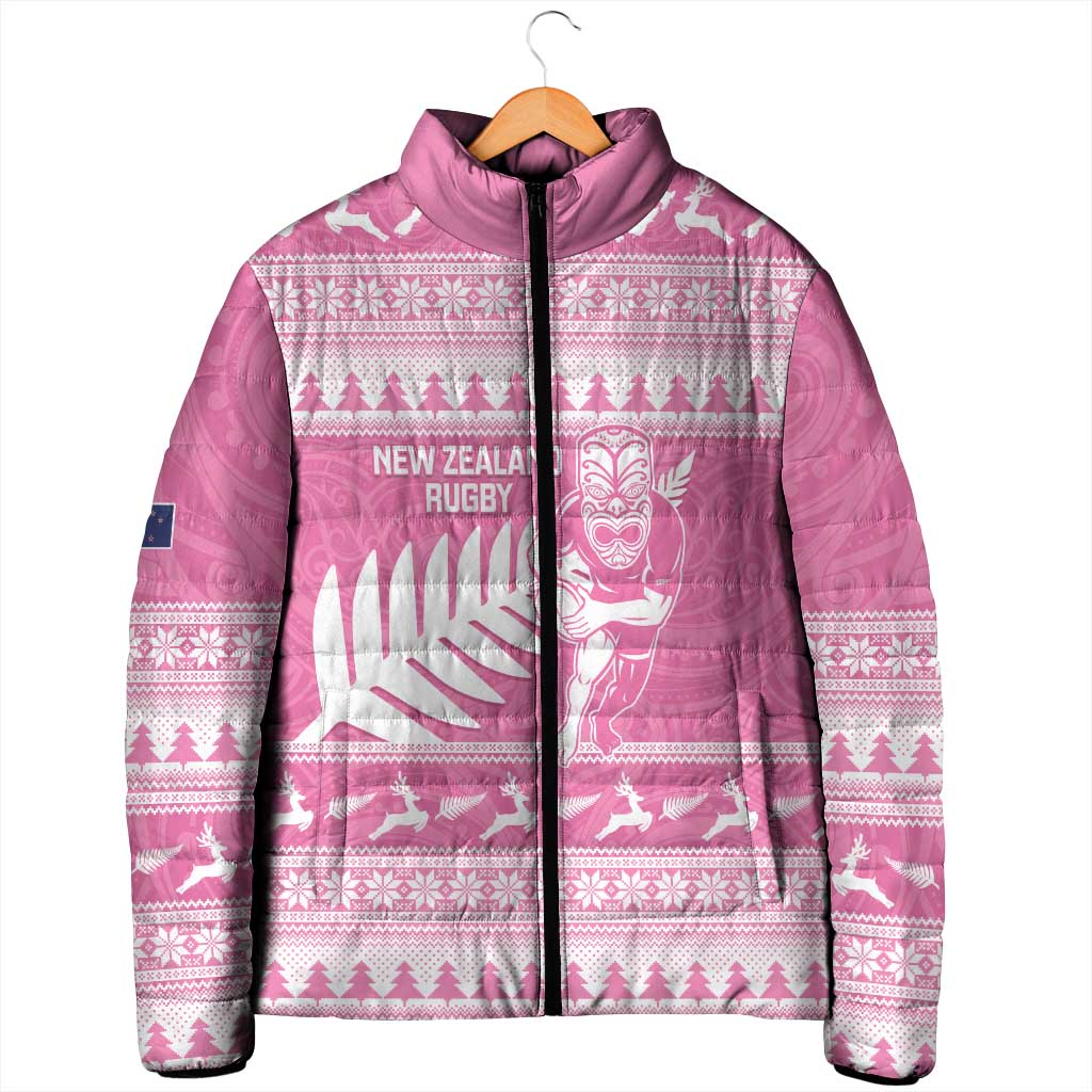 New Zealand Christmas Rugby Personalised Padded Jacket Meri Kirihimete All Black Maori Pink Version LT14 - Polynesian Pride
