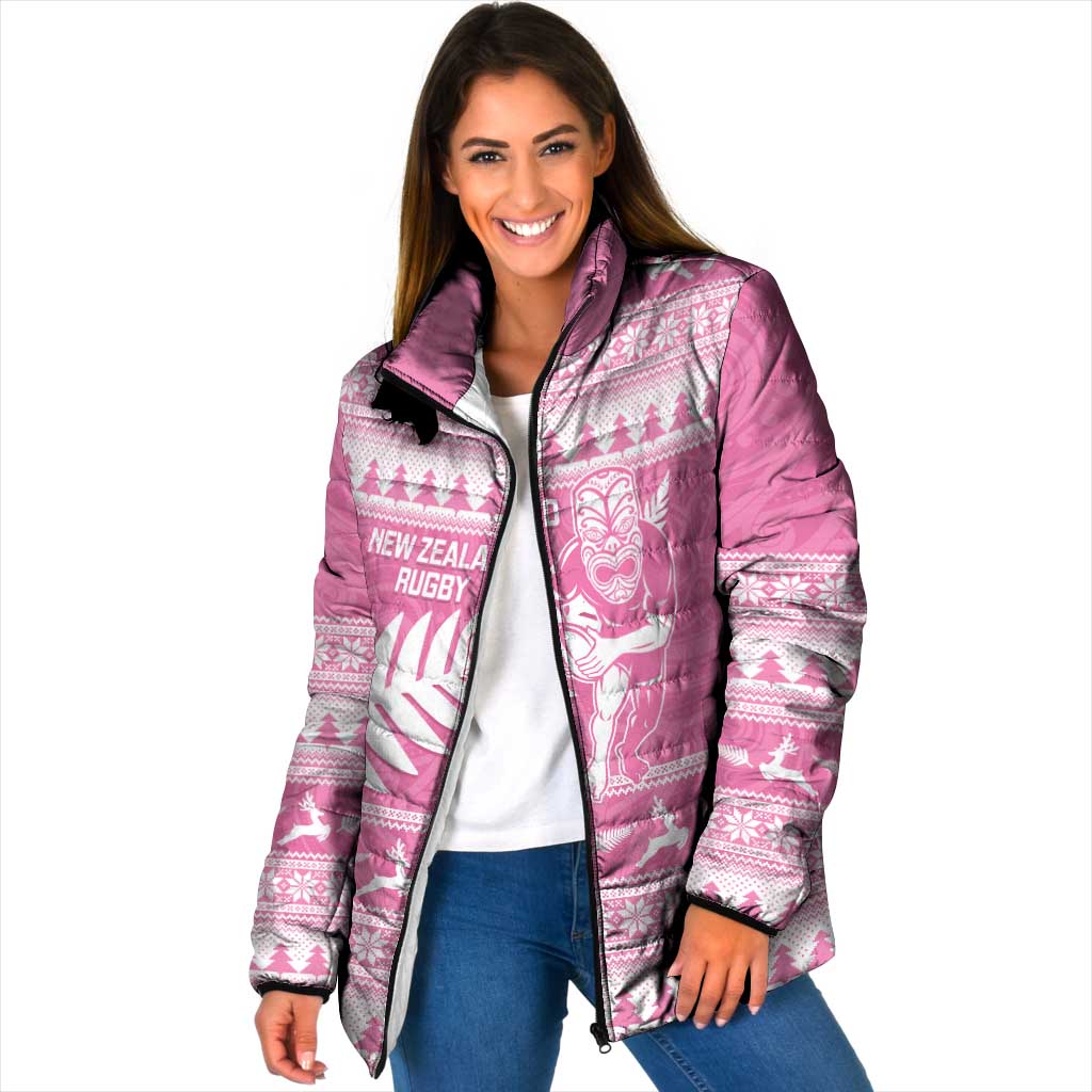New Zealand Christmas Rugby Personalised Padded Jacket Meri Kirihimete All Black Maori Pink Version LT14 Women Pink - Polynesian Pride