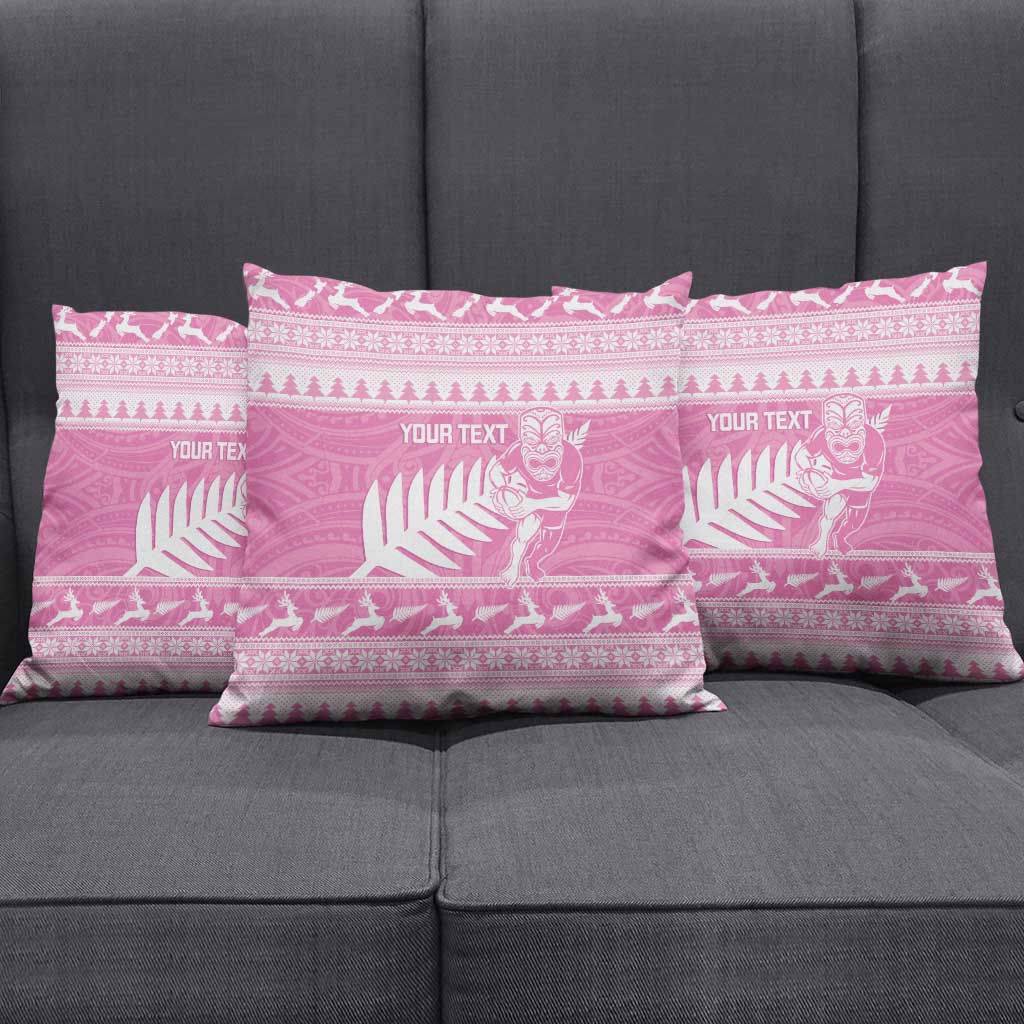 New Zealand Christmas Rugby Personalised Pillow Cover Meri Kirihimete All Black Maori Pink Version LT14 - Polynesian Pride