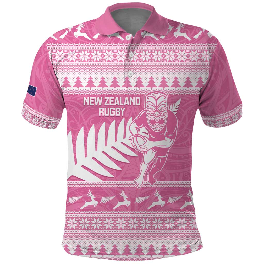 New Zealand Christmas Rugby Personalised Polo Shirt Meri Kirihimete All Black Maori Pink Version LT14 Pink - Polynesian Pride