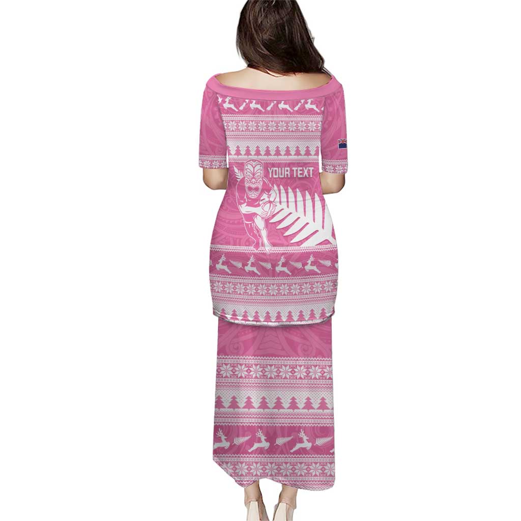 New Zealand Christmas Rugby Personalised Puletasi Meri Kirihimete All Black Maori Pink Version LT14 - Polynesian Pride