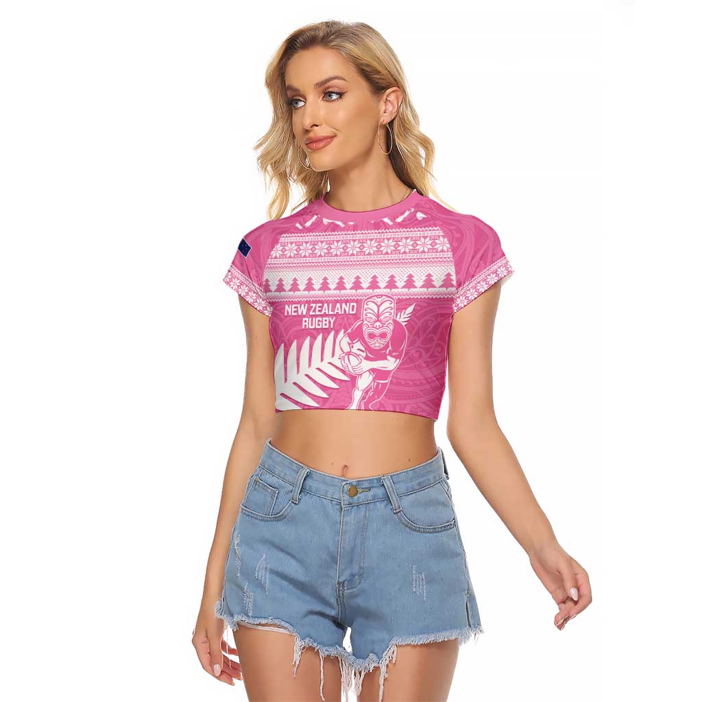 New Zealand Christmas Rugby Personalised Raglan Cropped T Shirt Meri Kirihimete All Black Maori Pink Version - Polynesian Pride