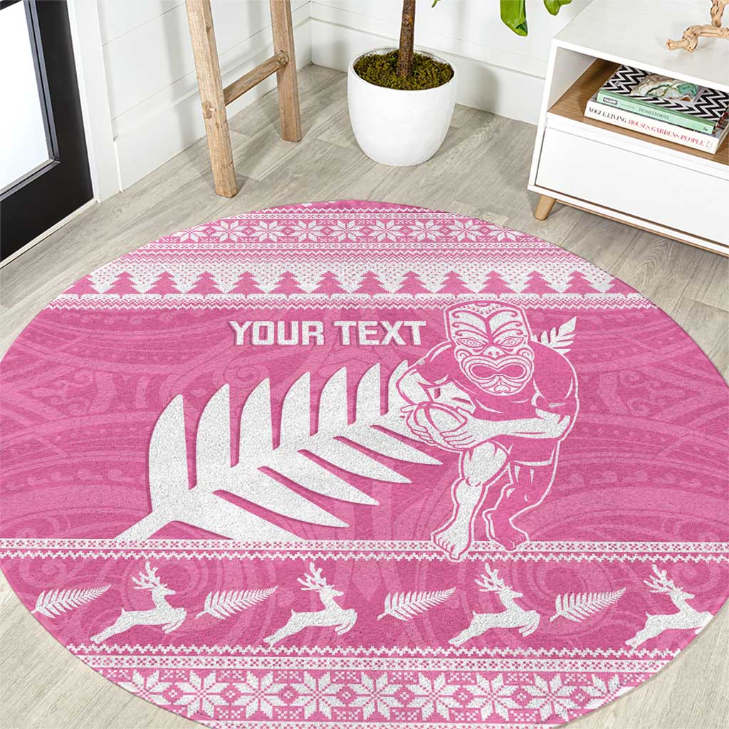 New Zealand Christmas Rugby Personalised Round Carpet Meri Kirihimete All Black Maori Pink Version LT14 Pink - Polynesian Pride