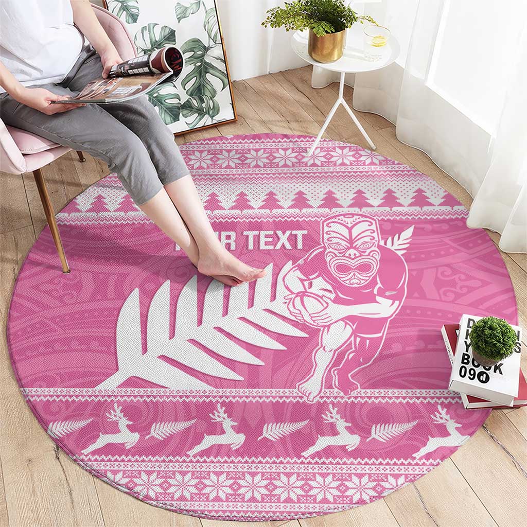 New Zealand Christmas Rugby Personalised Round Carpet Meri Kirihimete All Black Maori Pink Version LT14 - Polynesian Pride