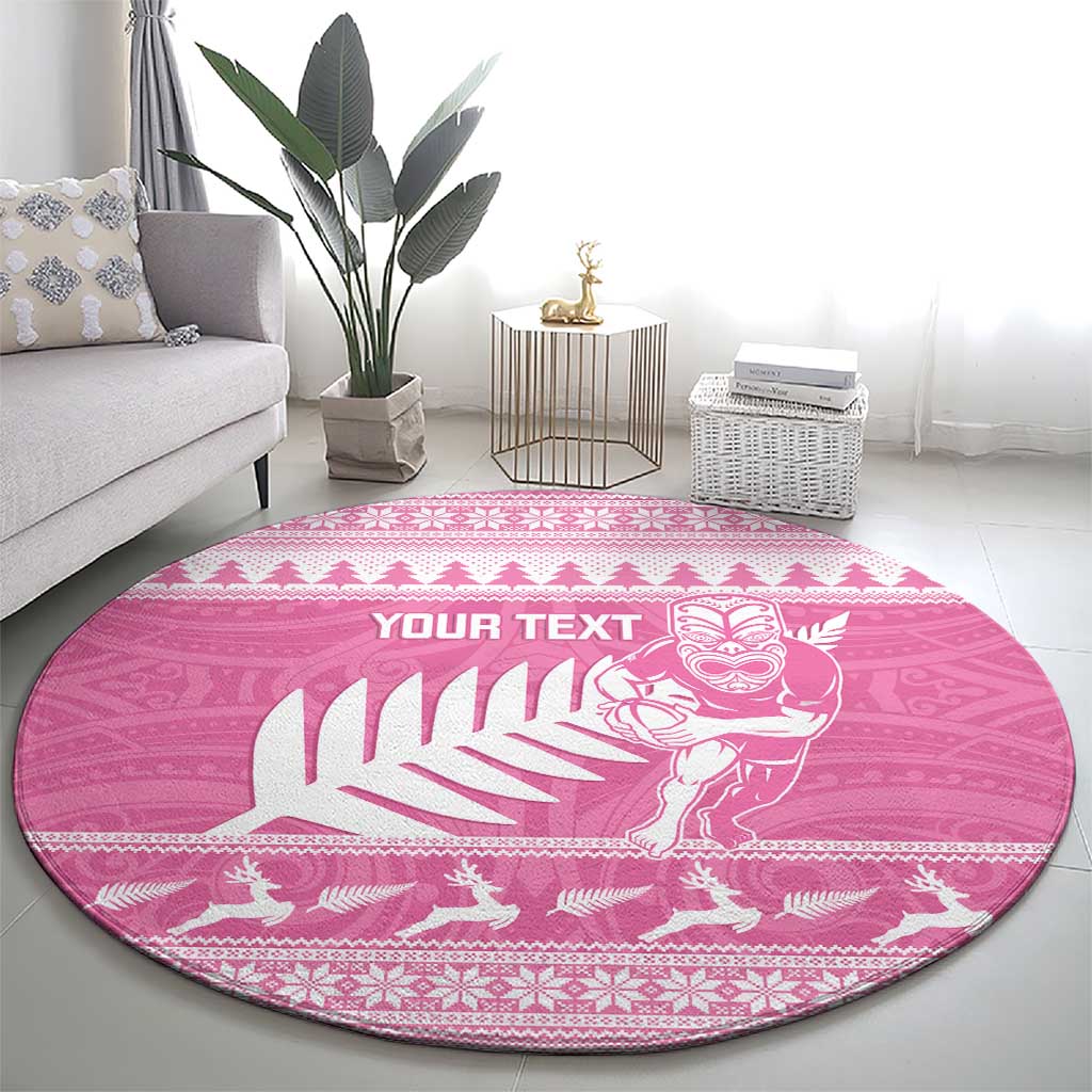 New Zealand Christmas Rugby Personalised Round Carpet Meri Kirihimete All Black Maori Pink Version LT14 - Polynesian Pride