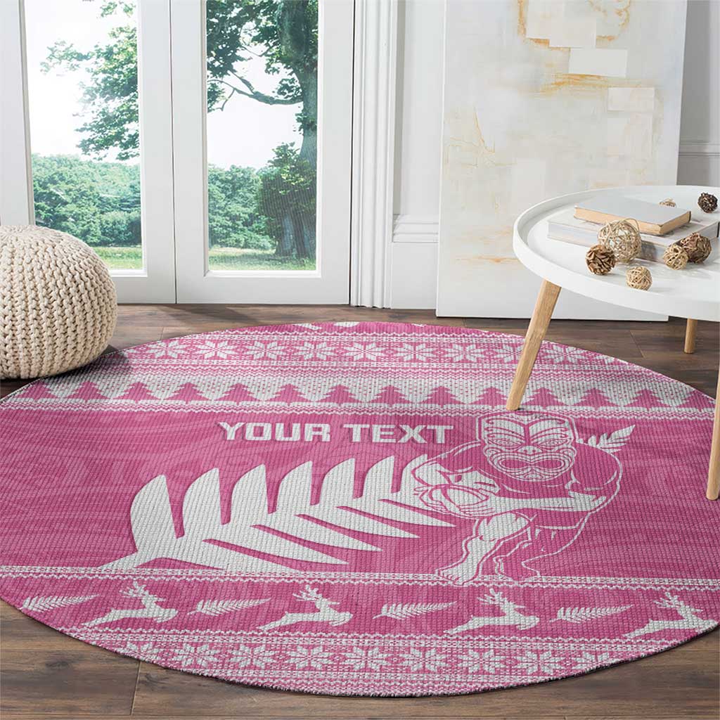 New Zealand Christmas Rugby Personalised Round Carpet Meri Kirihimete All Black Maori Pink Version LT14 - Polynesian Pride