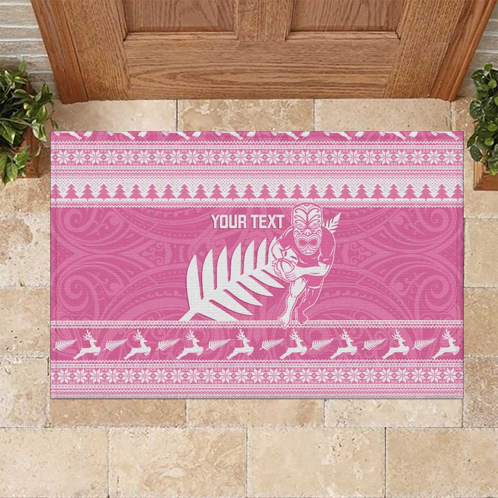 New Zealand Christmas Rugby Personalised Rubber Doormat Meri Kirihimete All Black Maori Pink Version LT14 Pink - Polynesian Pride