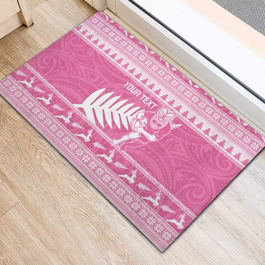 New Zealand Christmas Rugby Personalised Rubber Doormat Meri Kirihimete All Black Maori Pink Version LT14 - Polynesian Pride