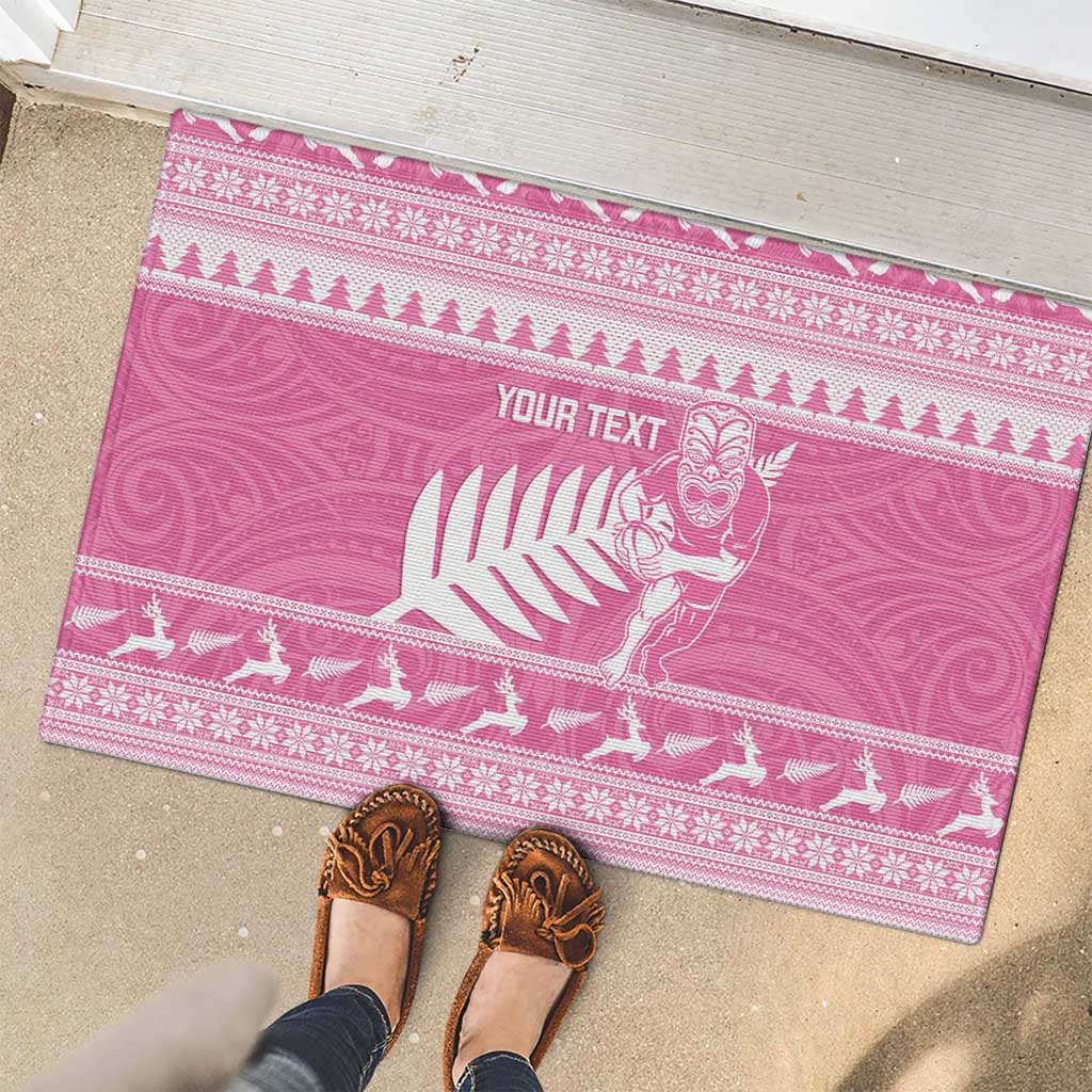 New Zealand Christmas Rugby Personalised Rubber Doormat Meri Kirihimete All Black Maori Pink Version LT14 - Polynesian Pride