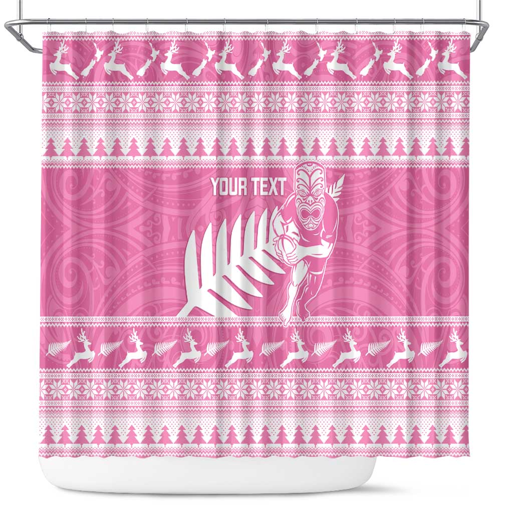 New Zealand Christmas Rugby Personalised Shower Curtain Meri Kirihimete All Black Maori Pink Version LT14 Pink - Polynesian Pride
