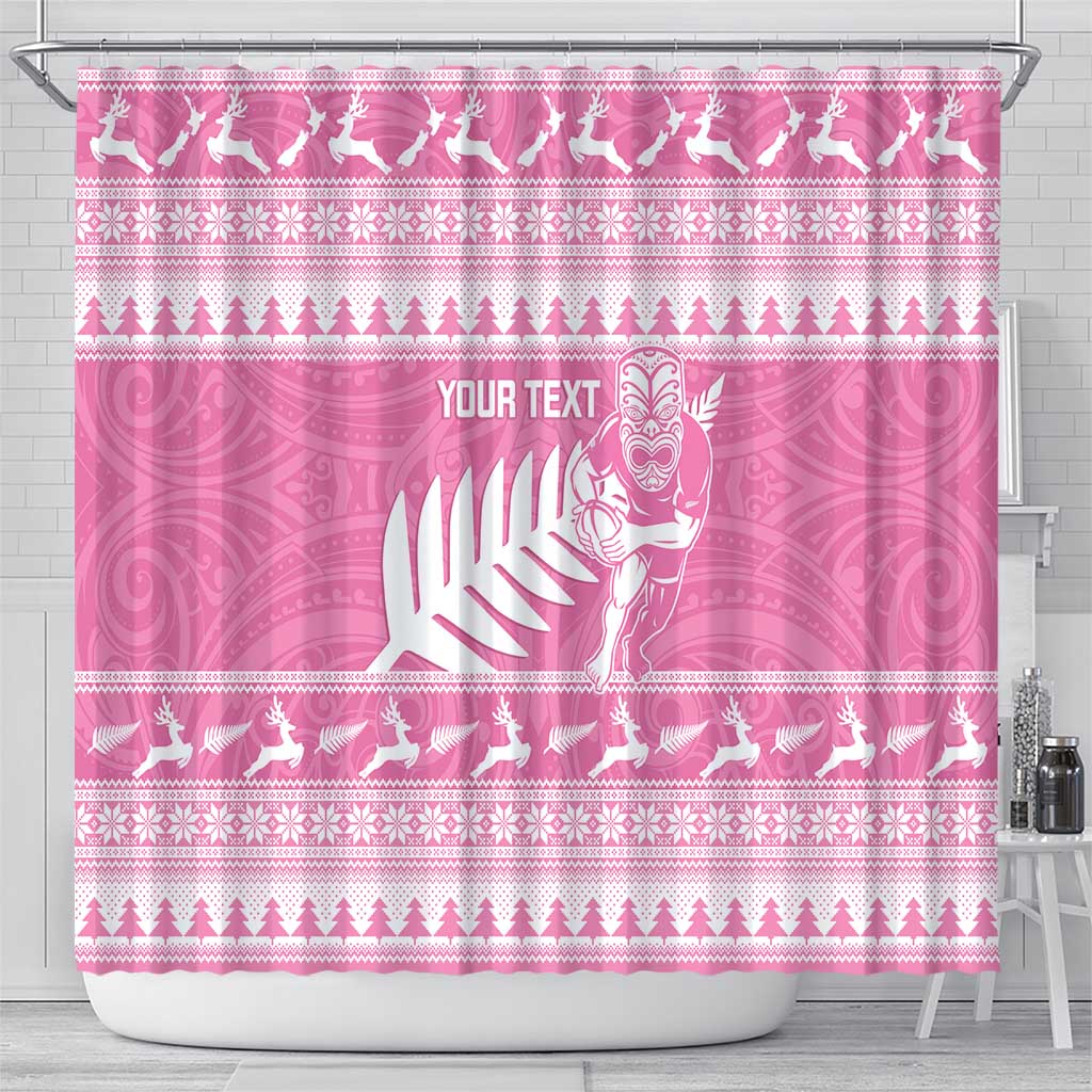 New Zealand Christmas Rugby Personalised Shower Curtain Meri Kirihimete All Black Maori Pink Version LT14 - Polynesian Pride