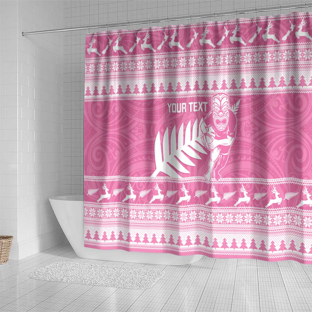 New Zealand Christmas Rugby Personalised Shower Curtain Meri Kirihimete All Black Maori Pink Version LT14 - Polynesian Pride