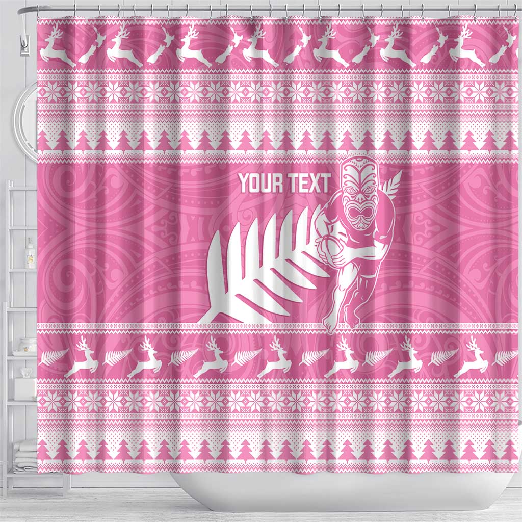 New Zealand Christmas Rugby Personalised Shower Curtain Meri Kirihimete All Black Maori Pink Version LT14 - Polynesian Pride