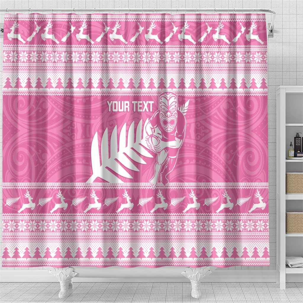New Zealand Christmas Rugby Personalised Shower Curtain Meri Kirihimete All Black Maori Pink Version LT14 - Polynesian Pride
