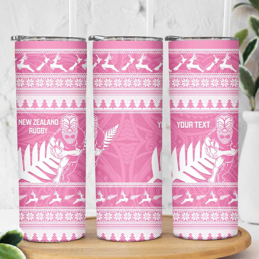 New Zealand Christmas Rugby Personalised Skinny Tumbler Meri Kirihimete All Black Maori Pink Version LT14 - Polynesian Pride
