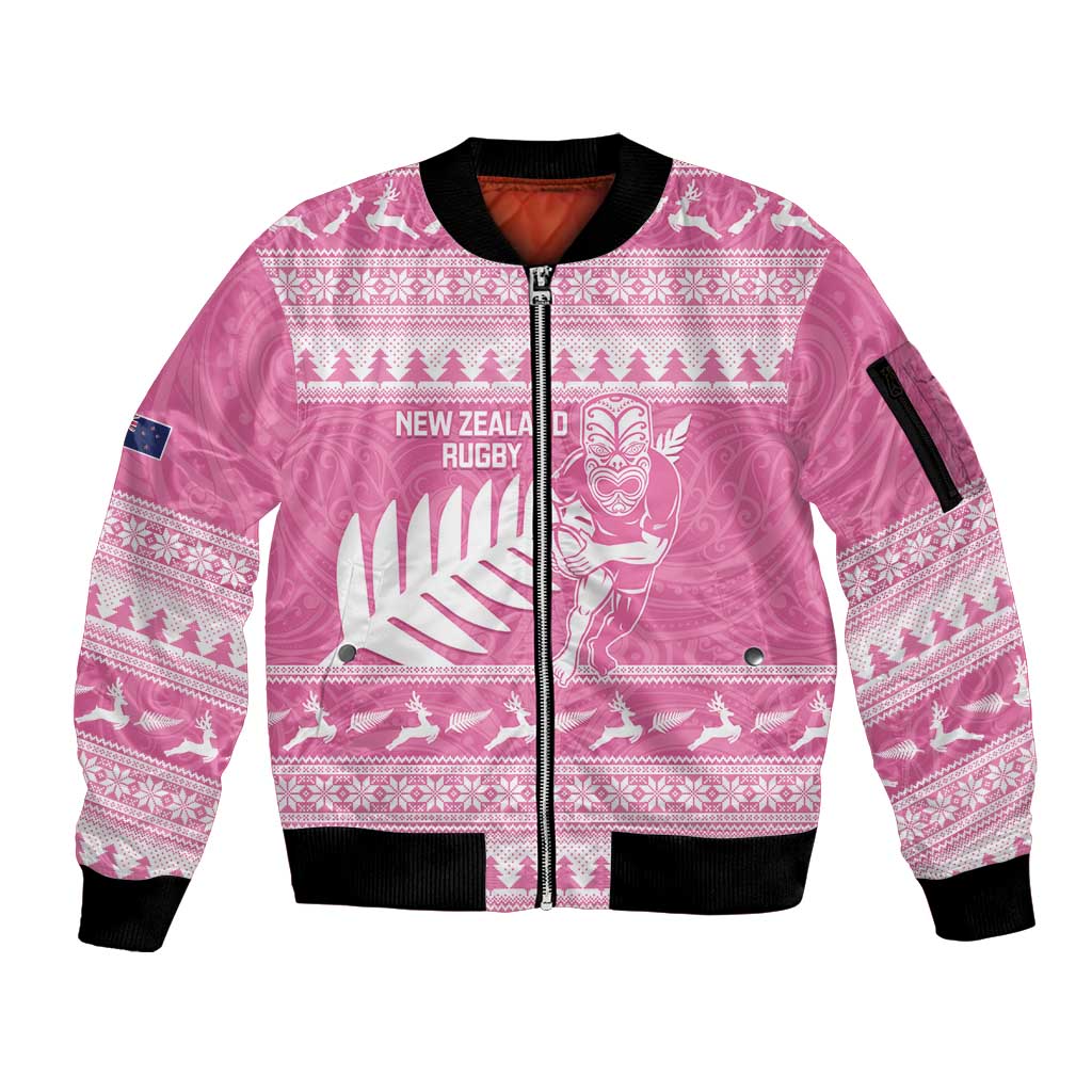 New Zealand Christmas Rugby Personalised Sleeve Zip Bomber Jacket Meri Kirihimete All Black Maori Pink Version LT14 Unisex Pink - Polynesian Pride