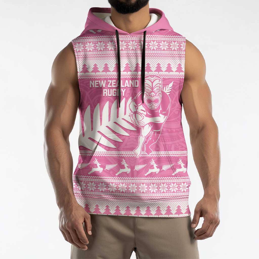 New Zealand Christmas Rugby Personalised Sleeveless Hoodie Meri Kirihimete All Black Maori Pink Version LT14 - Polynesian Pride