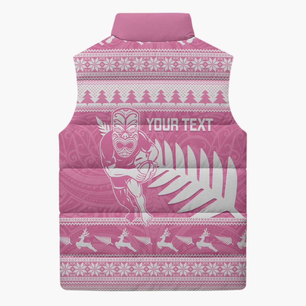 New Zealand Christmas Rugby Personalised Sleeveless Puffer Jacket Meri Kirihimete All Black Maori Pink Version LT14 - Polynesian Pride