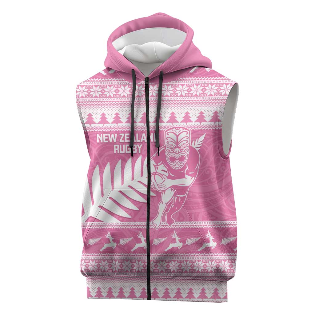 New Zealand Christmas Rugby Personalised Sleeveless Zip Hoodie Meri Kirihimete All Black Maori Pink Version LT14 Pink - Polynesian Pride