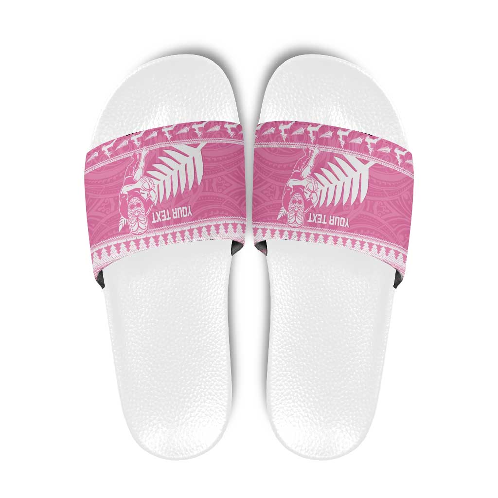 New Zealand Christmas Rugby Personalised Slide Sandals Meri Kirihimete All Black Maori Pink Version LT14 Pink - Polynesian Pride